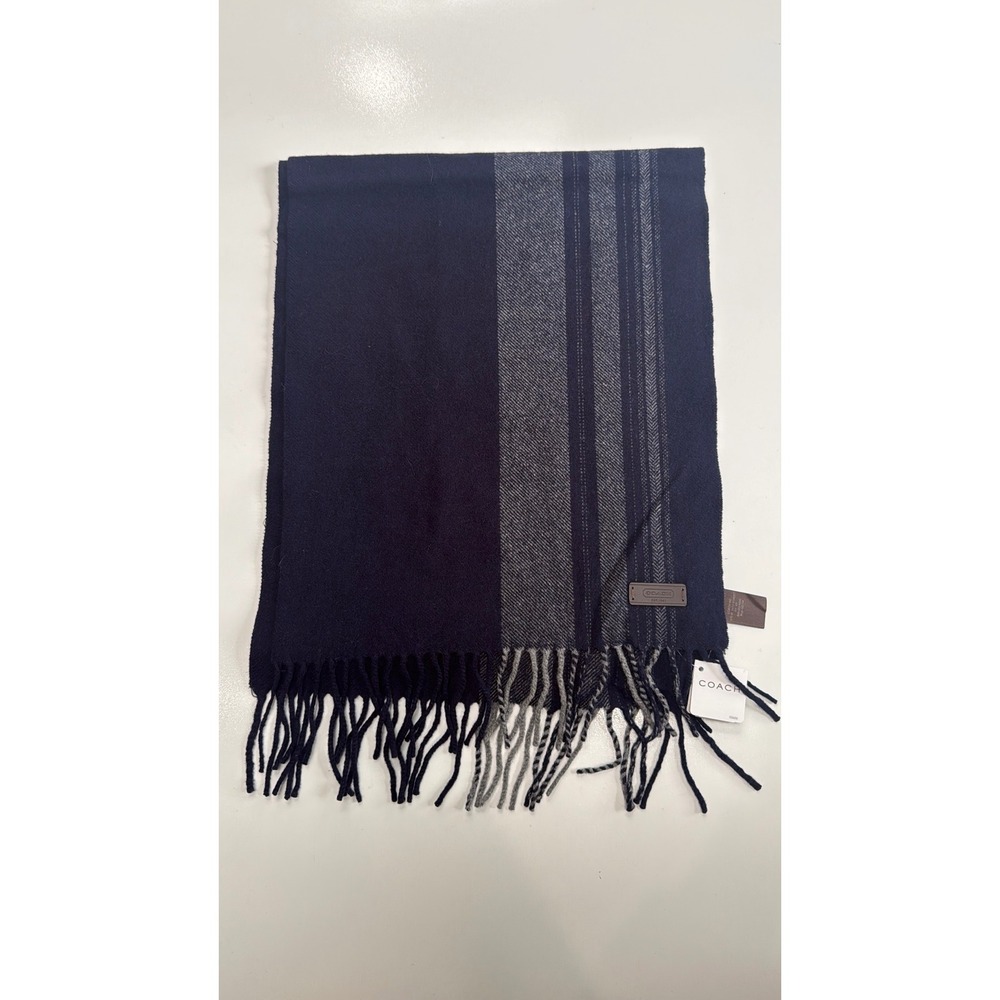 Coach Navy Blue Grey Striped Herringbone Fringed Winter Scarf New With Tags‎